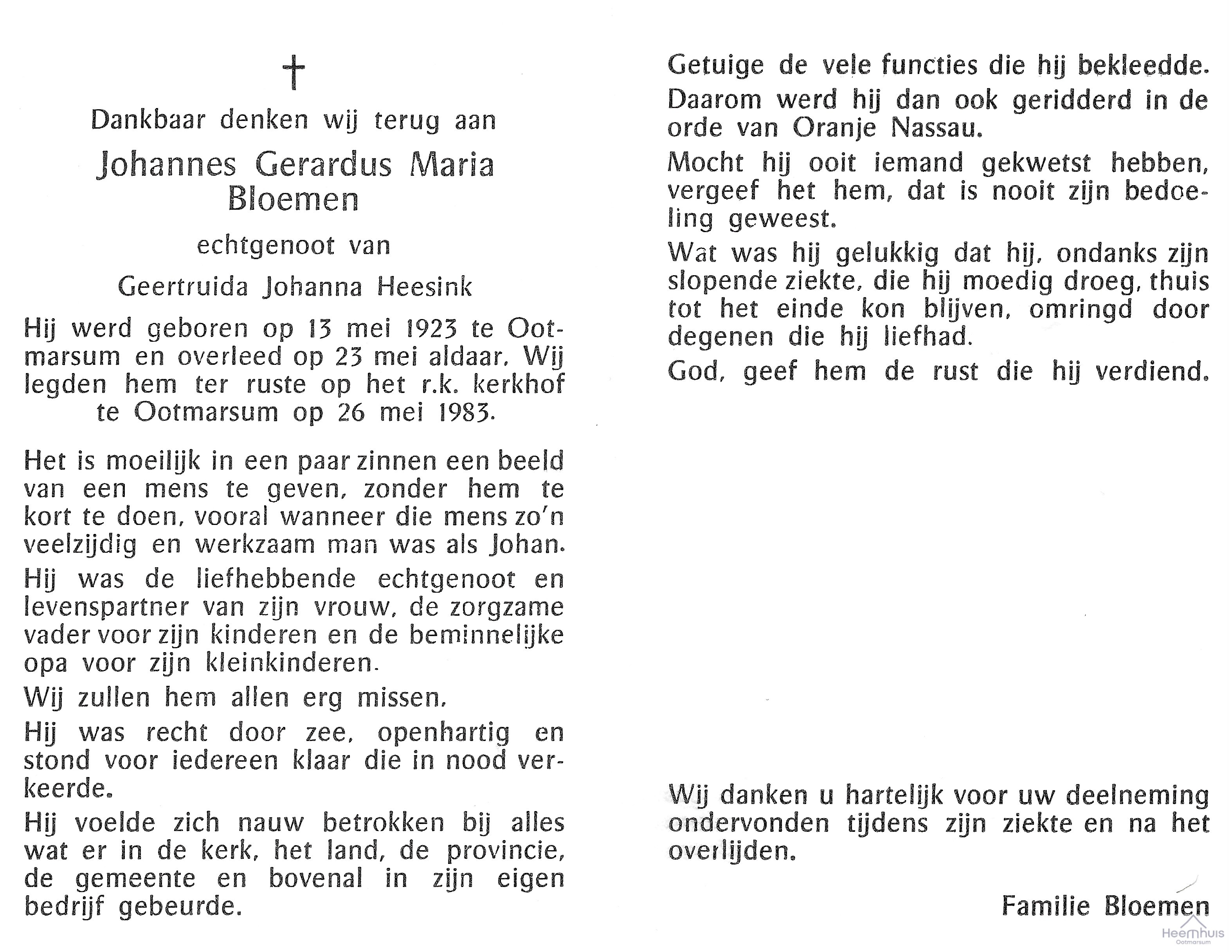 Bidprentje van Johannes Gerhardus Maria Bloemen