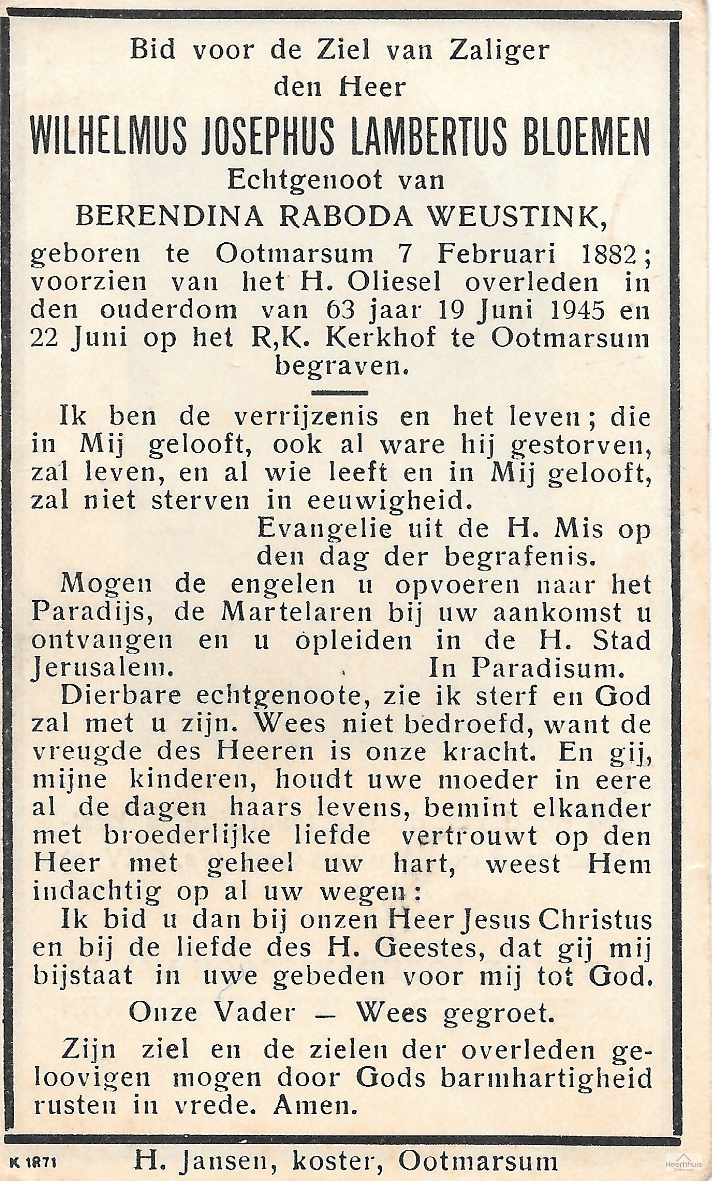 Bidprentje van Wilhelmus Josephus Lambertus Bloemen