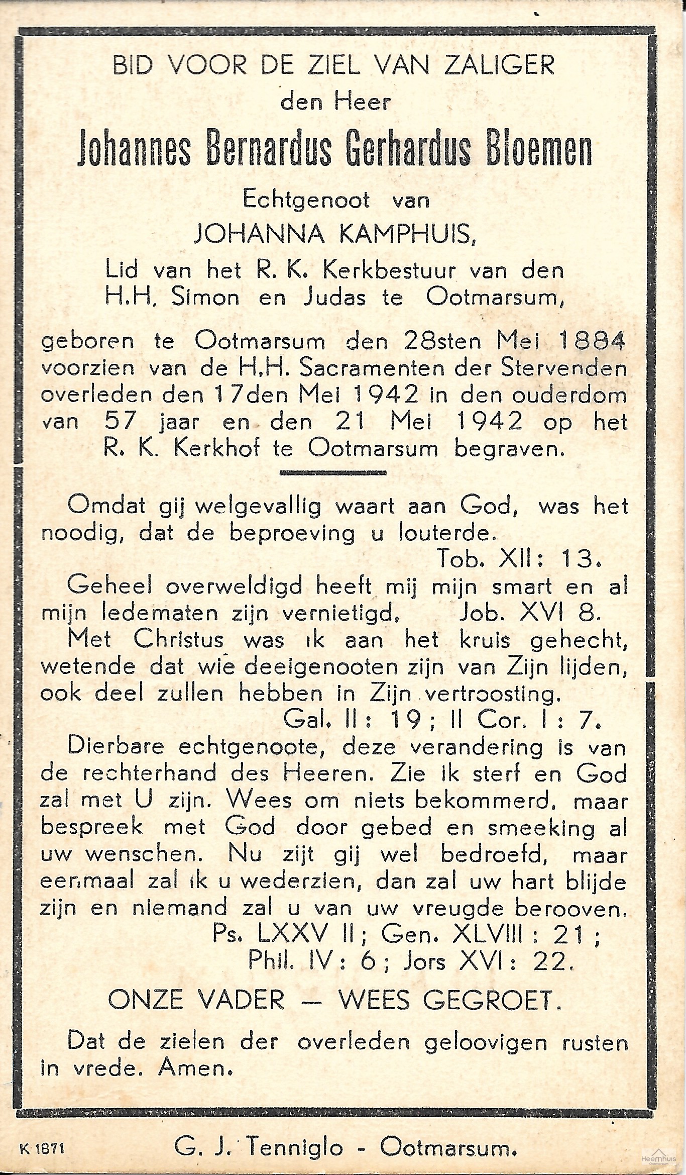 Bidprentje van Bernardus Johannes Gerhardus Bloemen