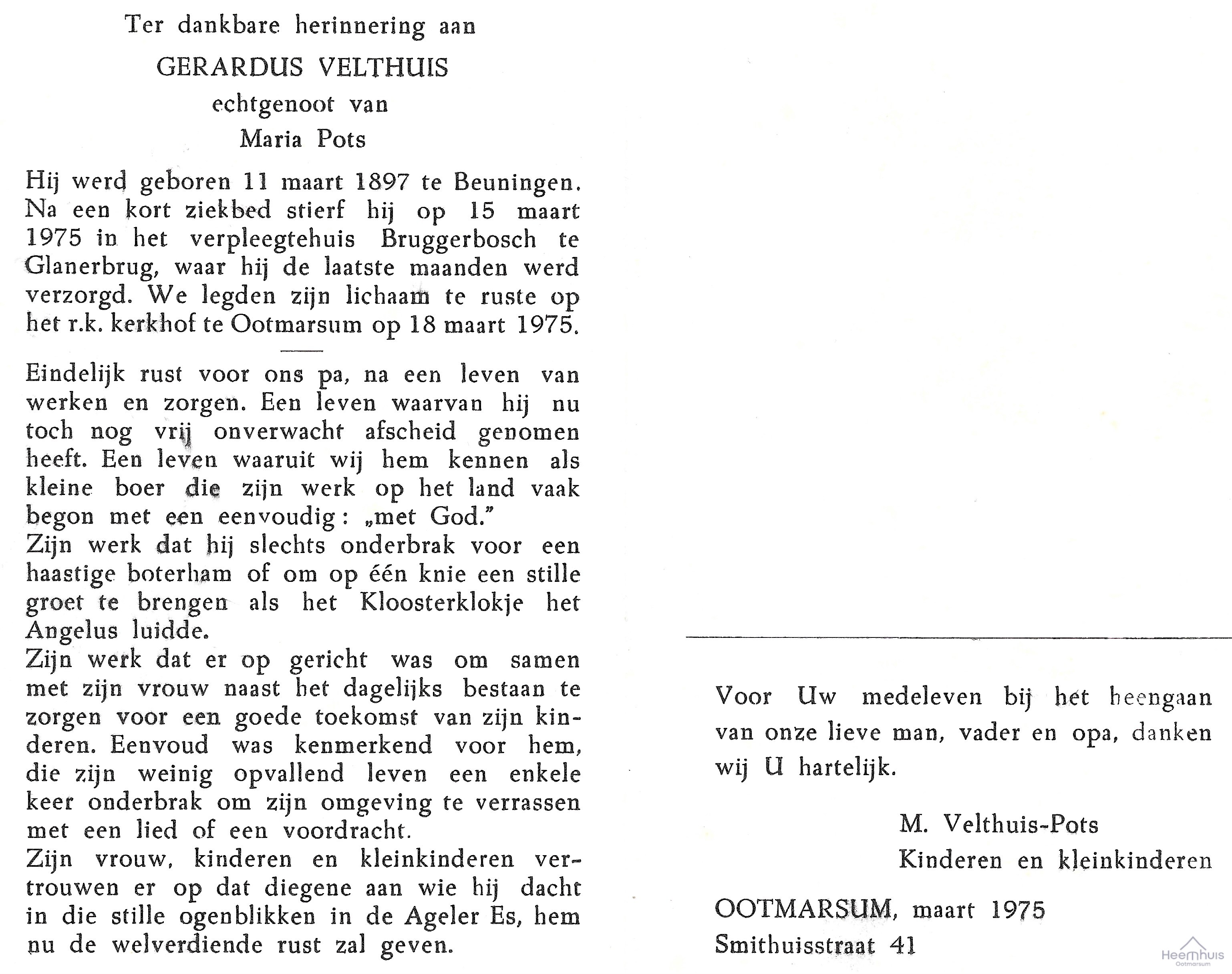 Bidprentje van Gerardus Velthuis Bidprentje van Gerardus Velthuis