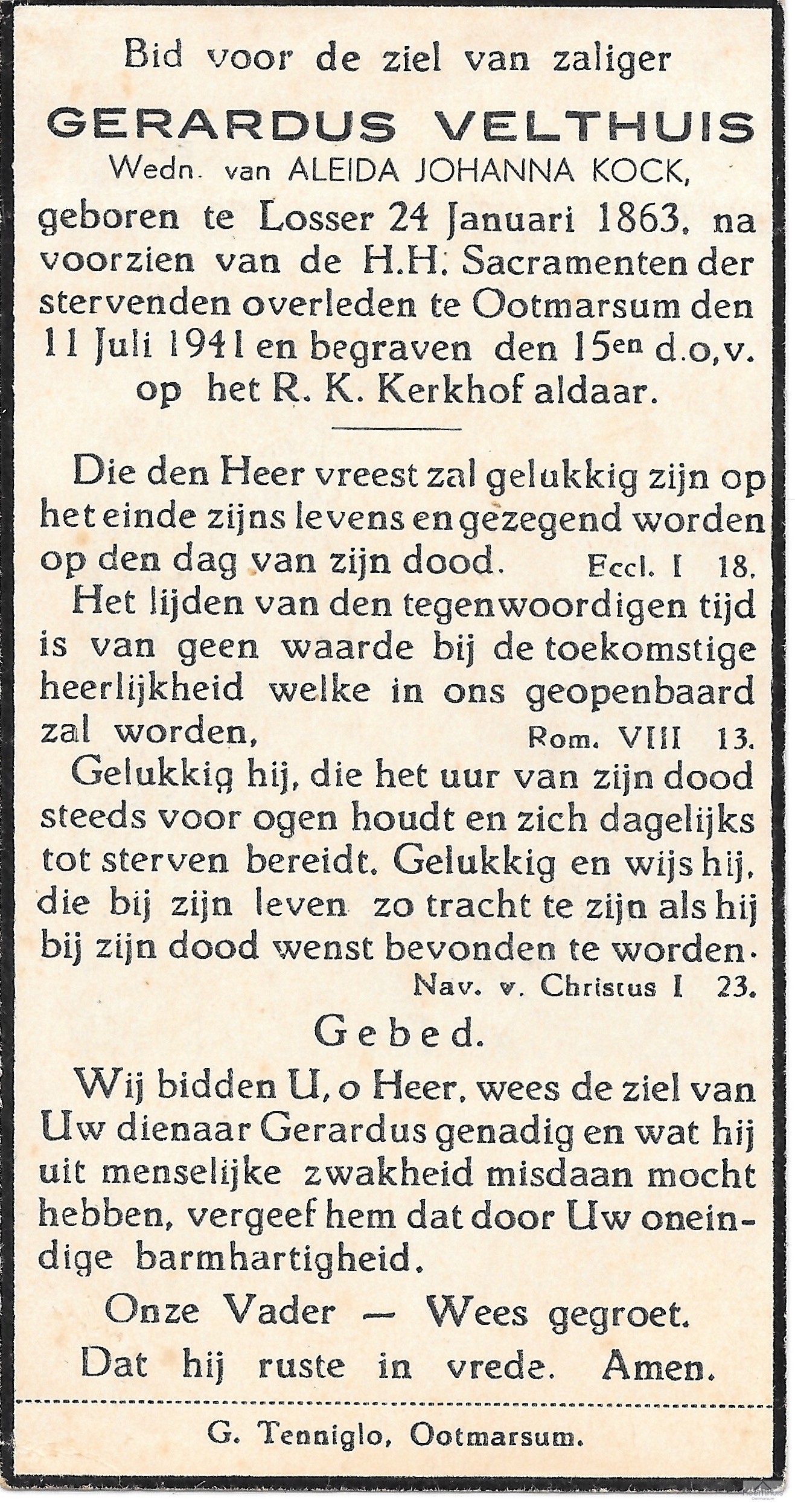 Bidprentje van Gradus Velthuis Bidprentje van Gradus Velthuis