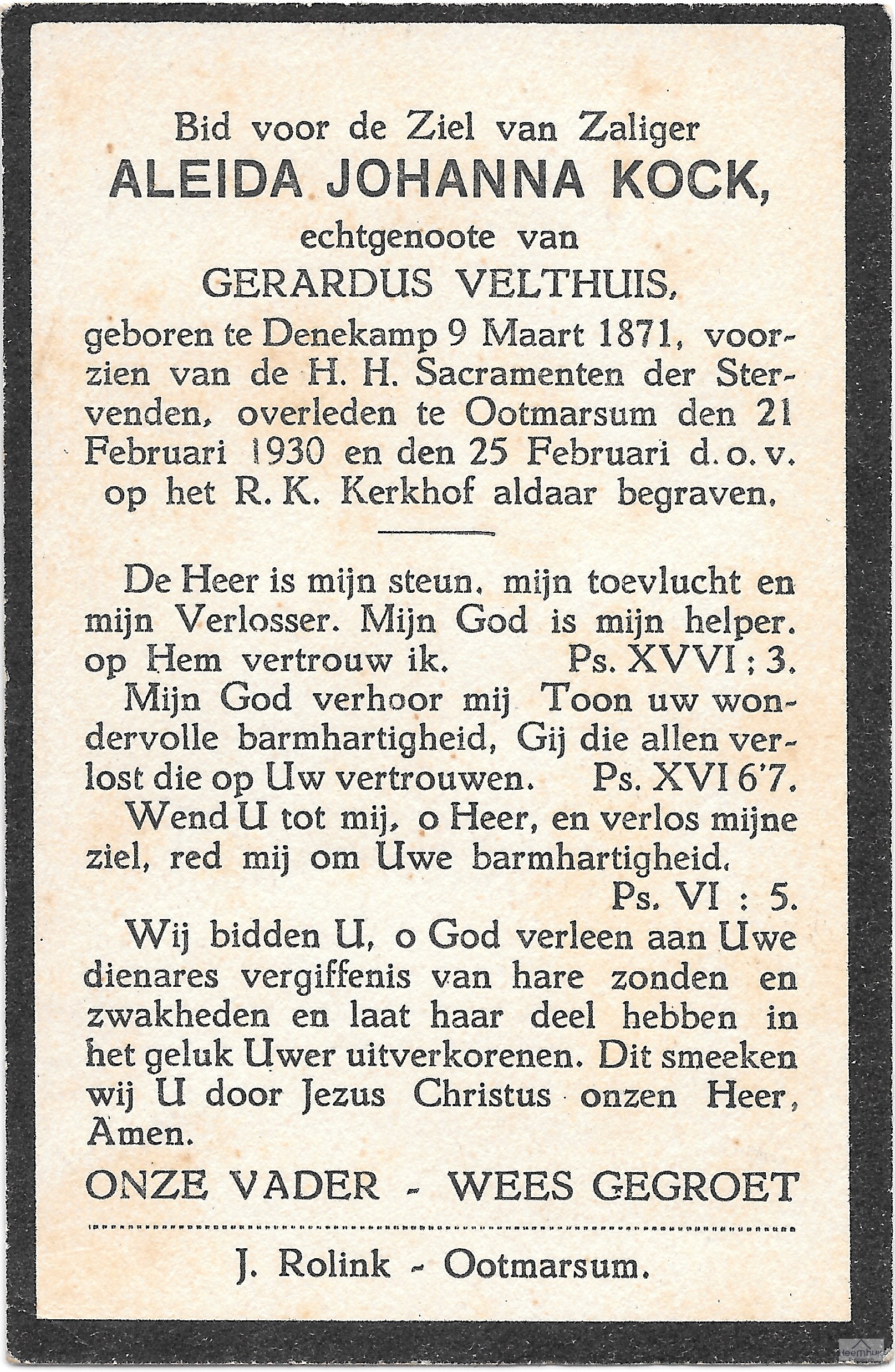 Bidprentje van Aleida Johanna Kock