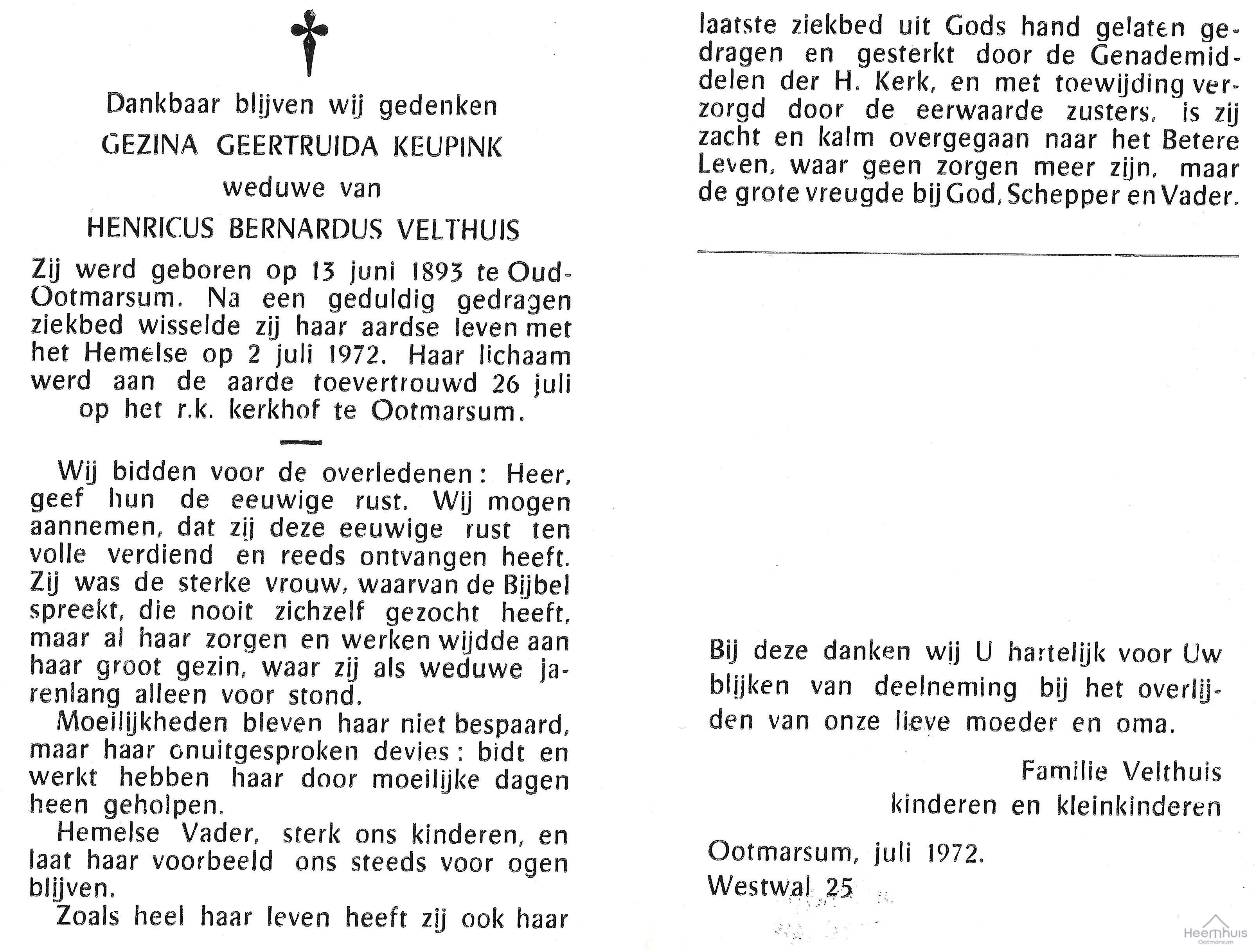 Bidprentje van Gezina Geertruida Keupink