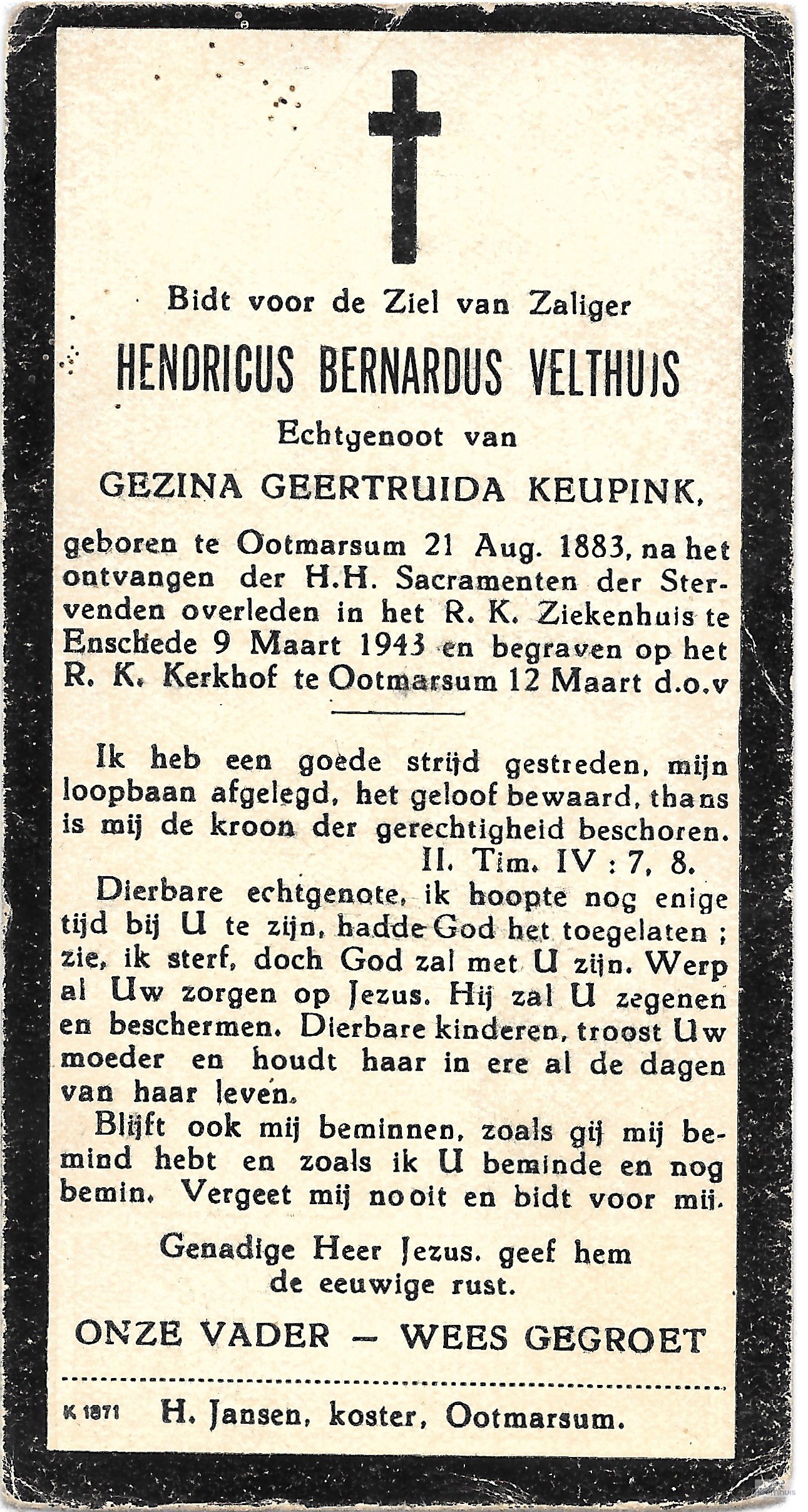 Bidprentje van Hendrikus Bernardus Velthuis