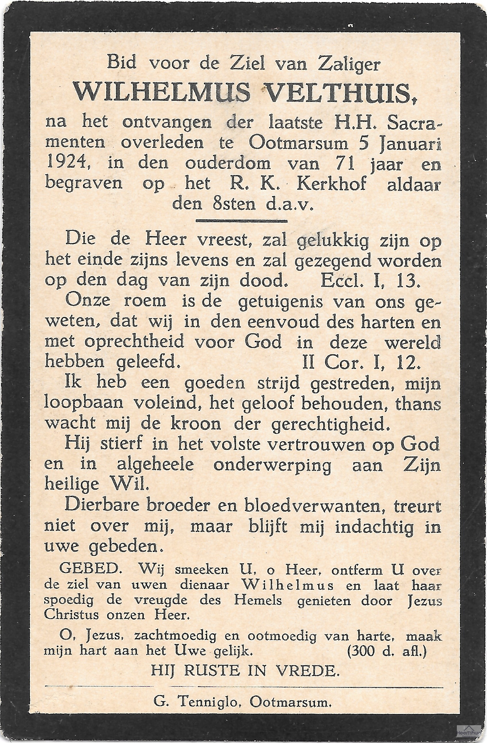Bidprentje van Willem Velthuis Bidprentje van Willem Velthuis