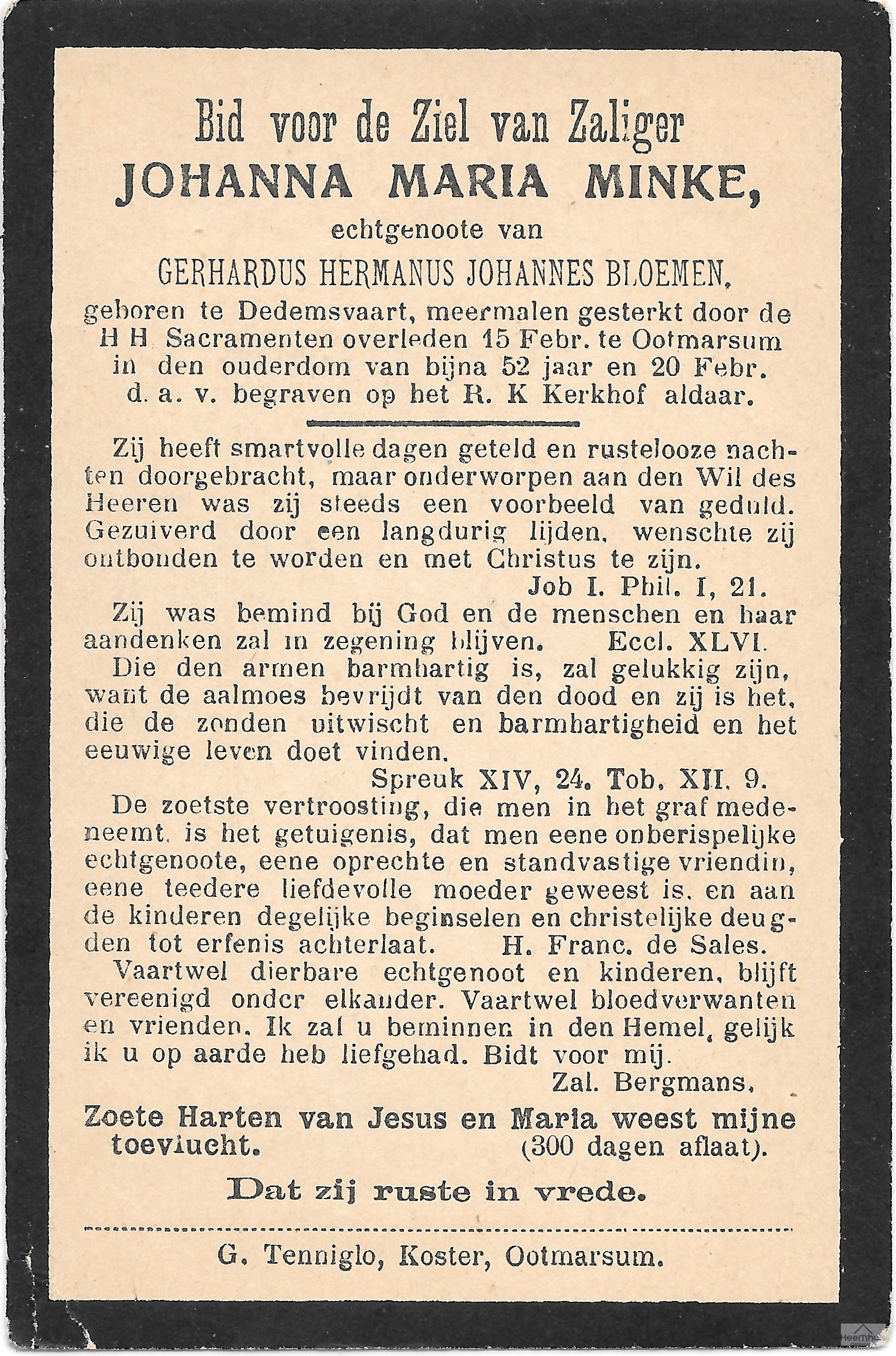 Bidprentje van Johanna Maria Minke