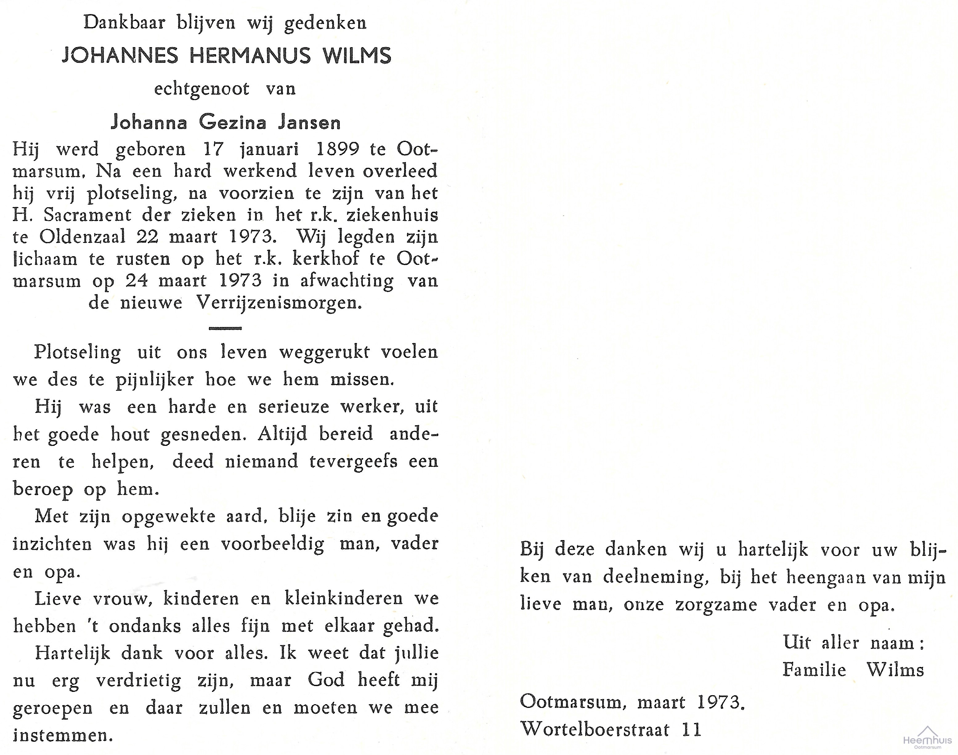 Bidprentje van Johannes Hermanus Wilms