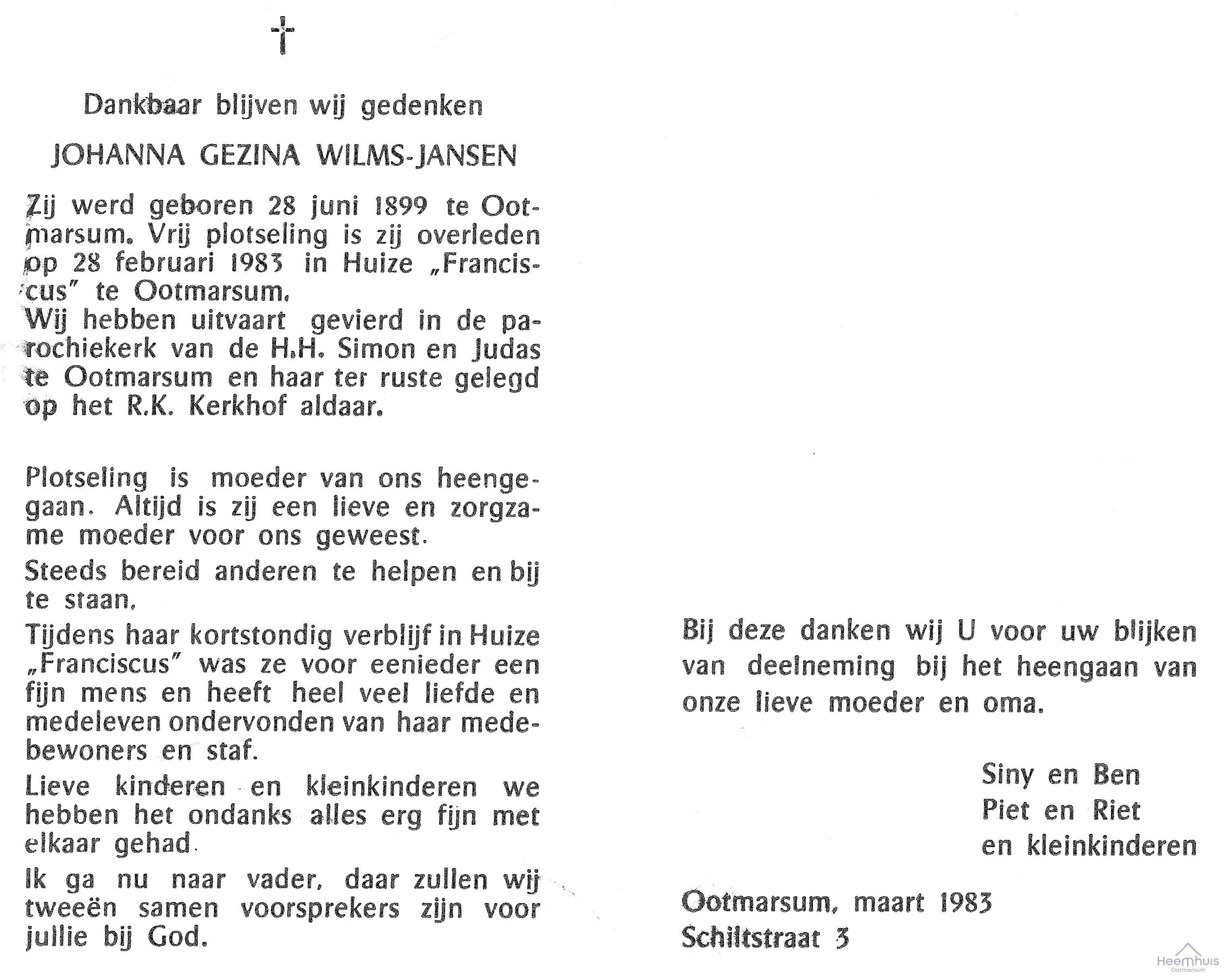 Bidprentje van Johanna Gezina Jansen