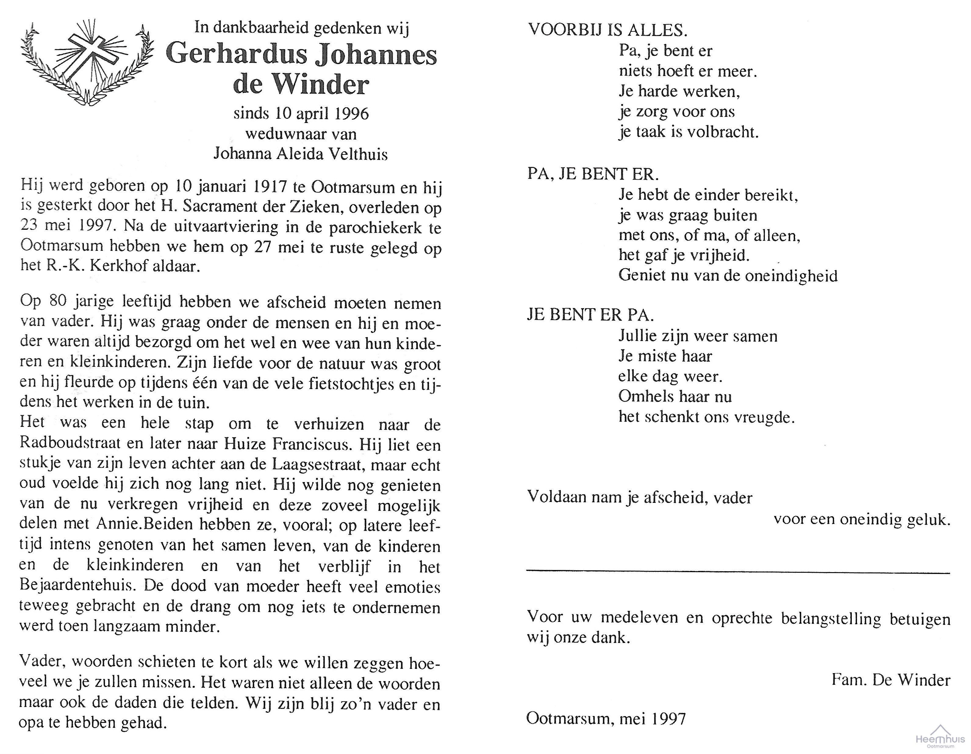 Bidprentje van Gerhardus Johannes de Winder Bidprentje van Gerhardus Johannes de Winder