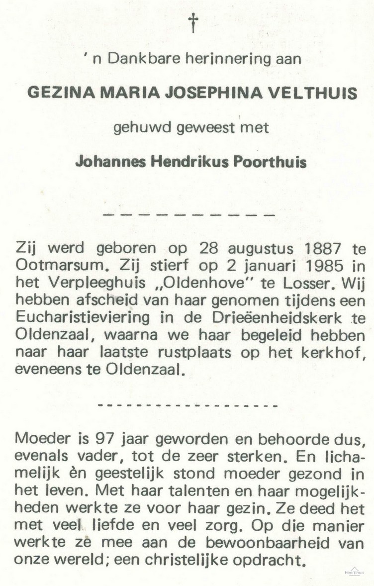 Bidprentje van Gezina Maria Josephina Velthuis Bidprentje van Gezina Maria Josephina Velthuis
