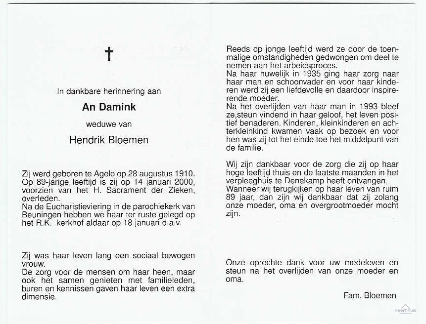 Bidprentje van Johanna Susanna Damink