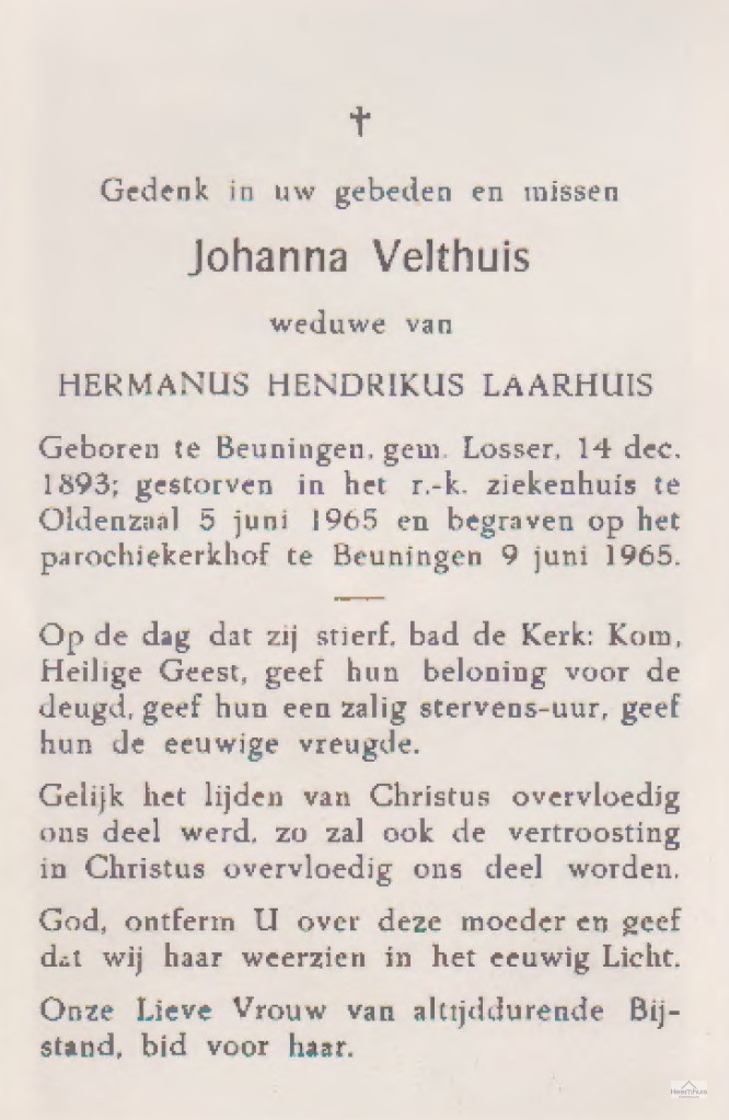 Bidprentje van Johanna Velthuis