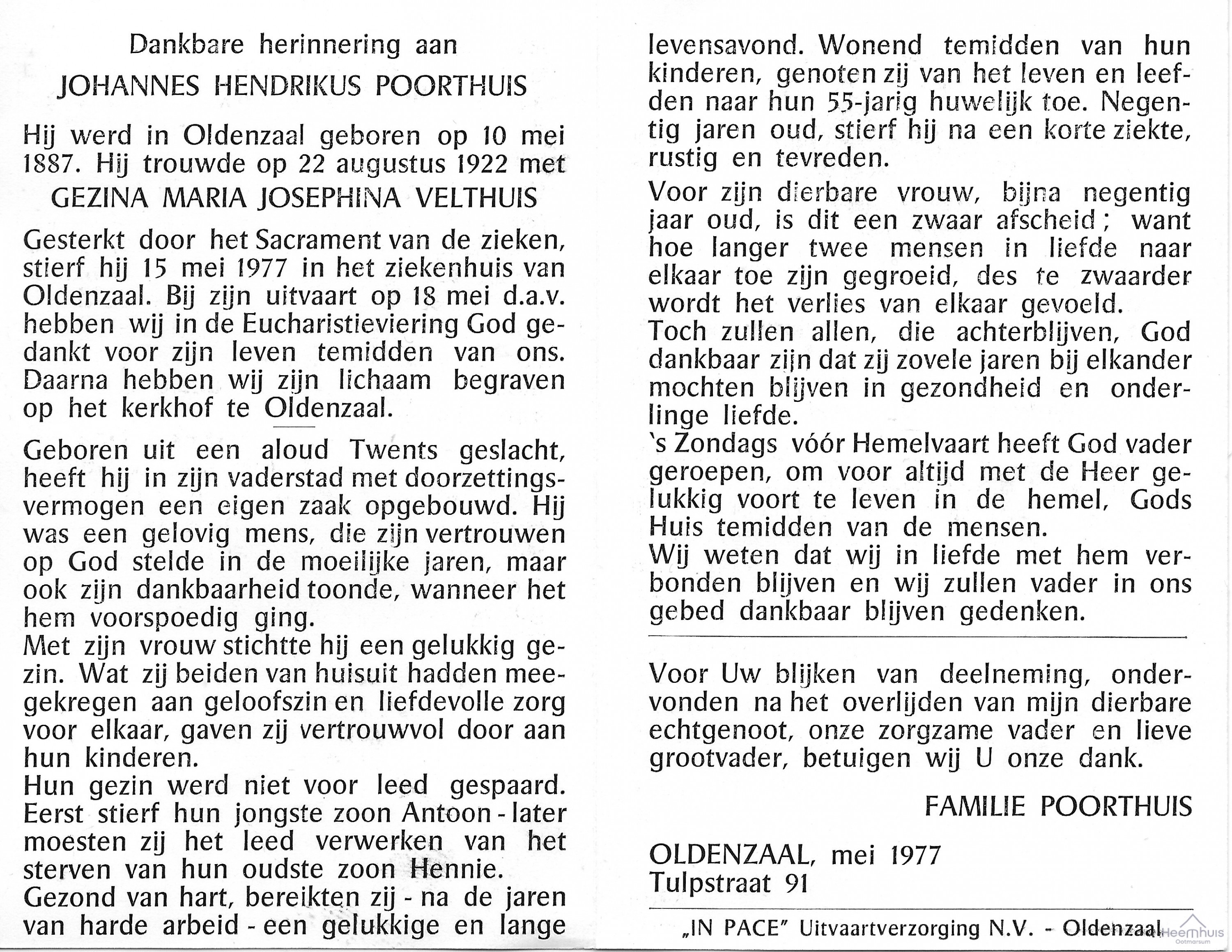 Bidprentje van Johannes Hendrikus Poorthuis Bidprentje van Johannes Hendrikus Poorthuis