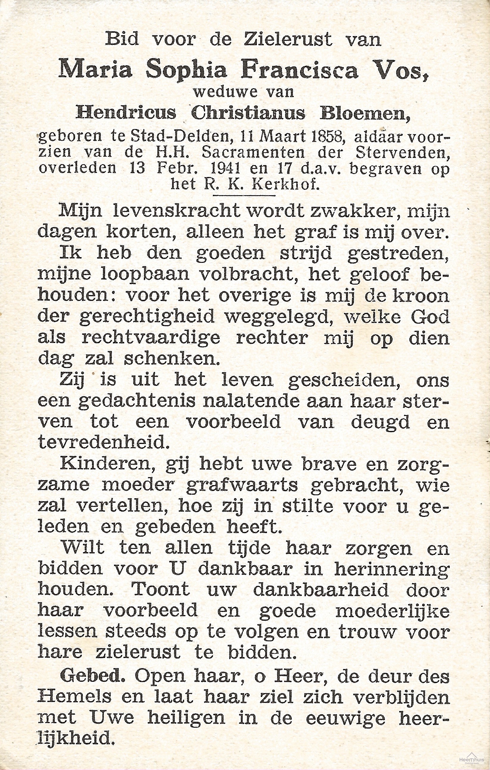 Bidprentje van Maria Sophia Francisca Vos