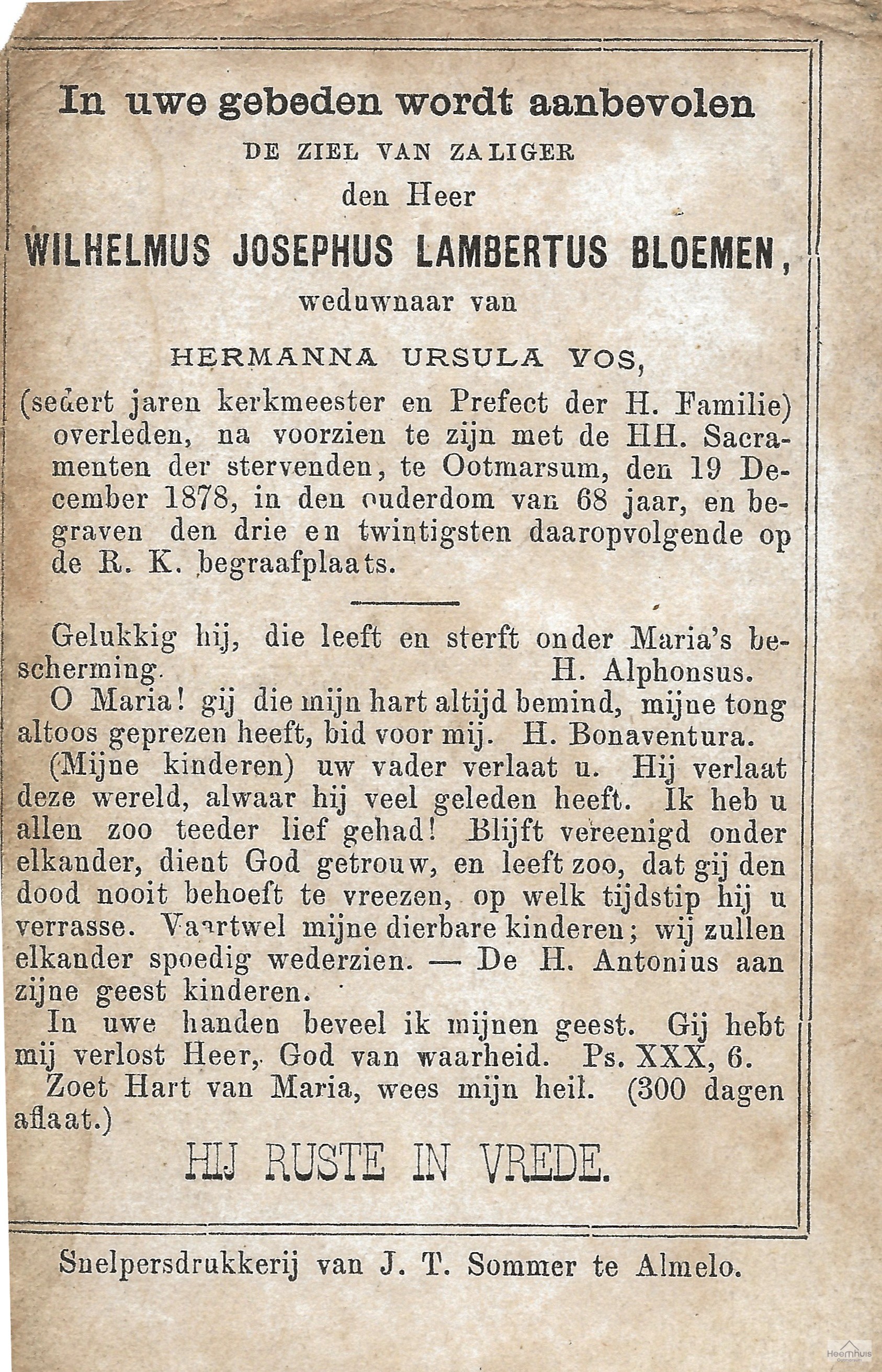 Bidprentje van Wilhelmus Josephus Lambertus Bloemen