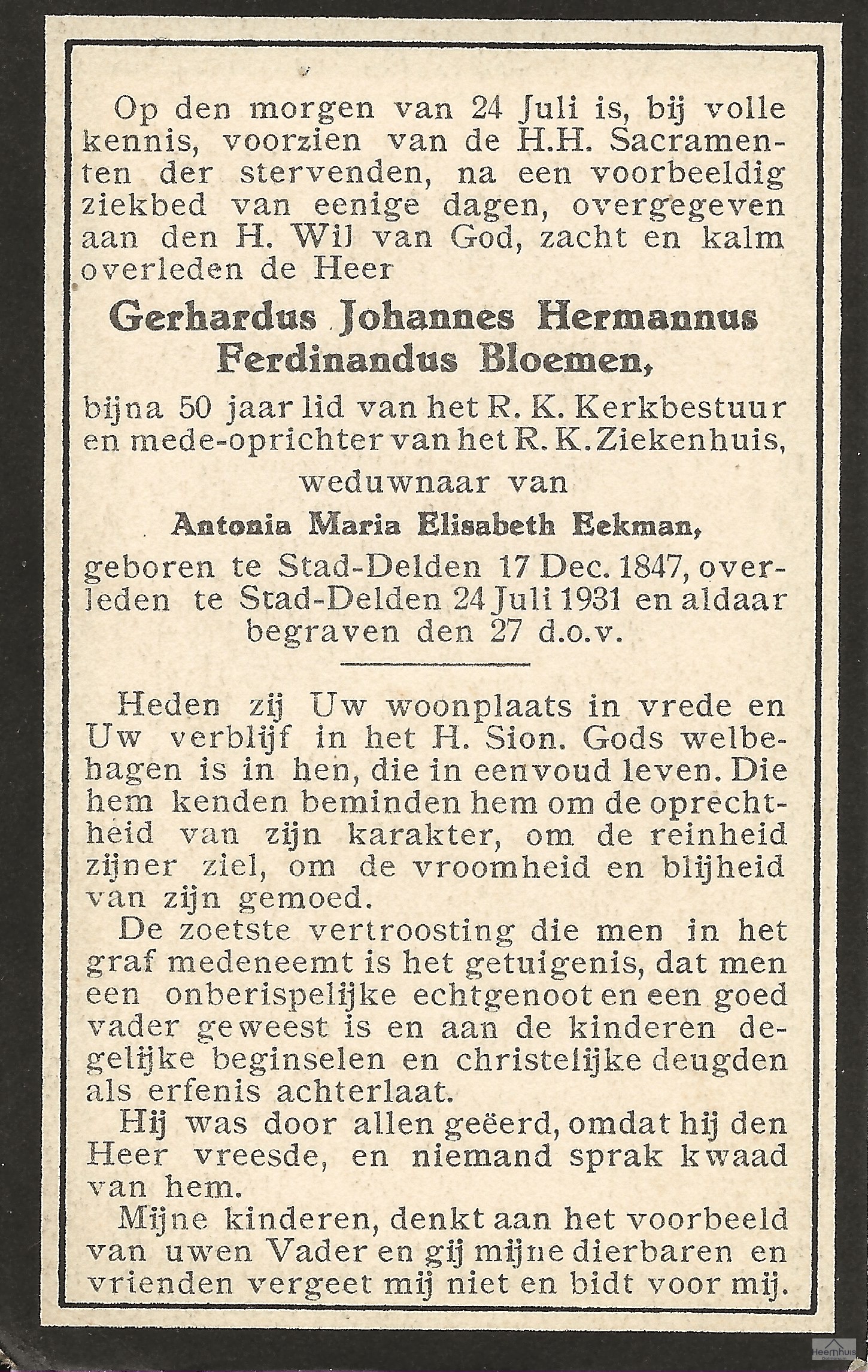 Bidprentje van Gerhardus Johannes Hermannus Ferdinandus Bloemen
