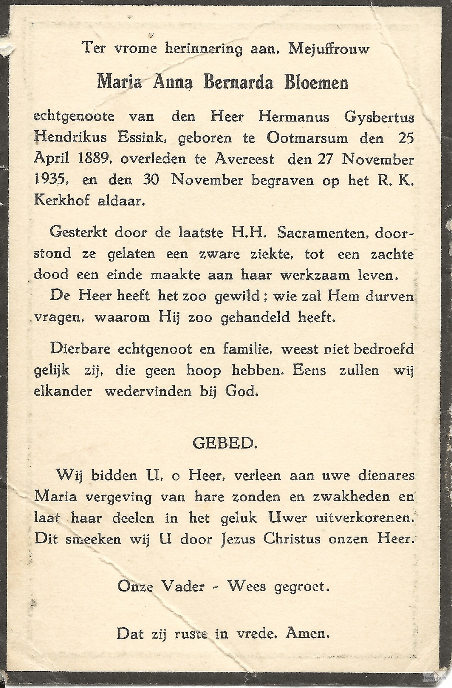 Bidprentje van Maria Anna Bernarda Bloemen