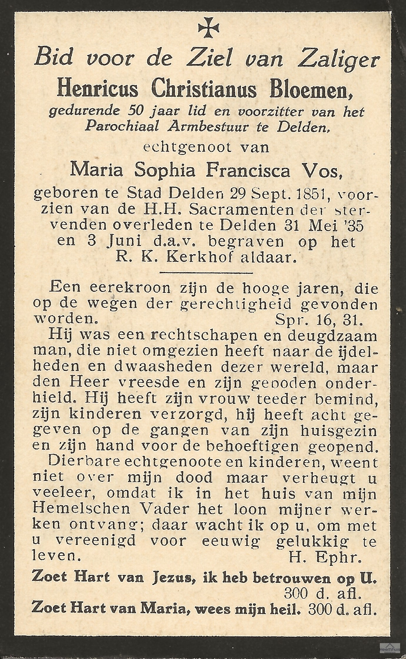 Bidprentje van Hendrikus Christianus Bloemen