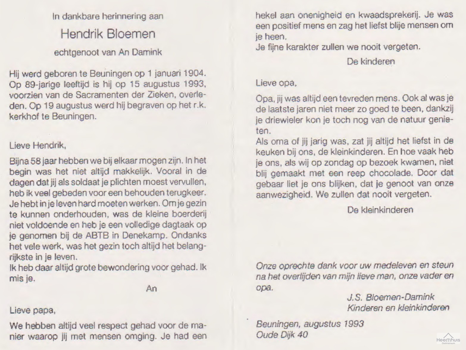 Bidprentje van Hendrik Bloemen