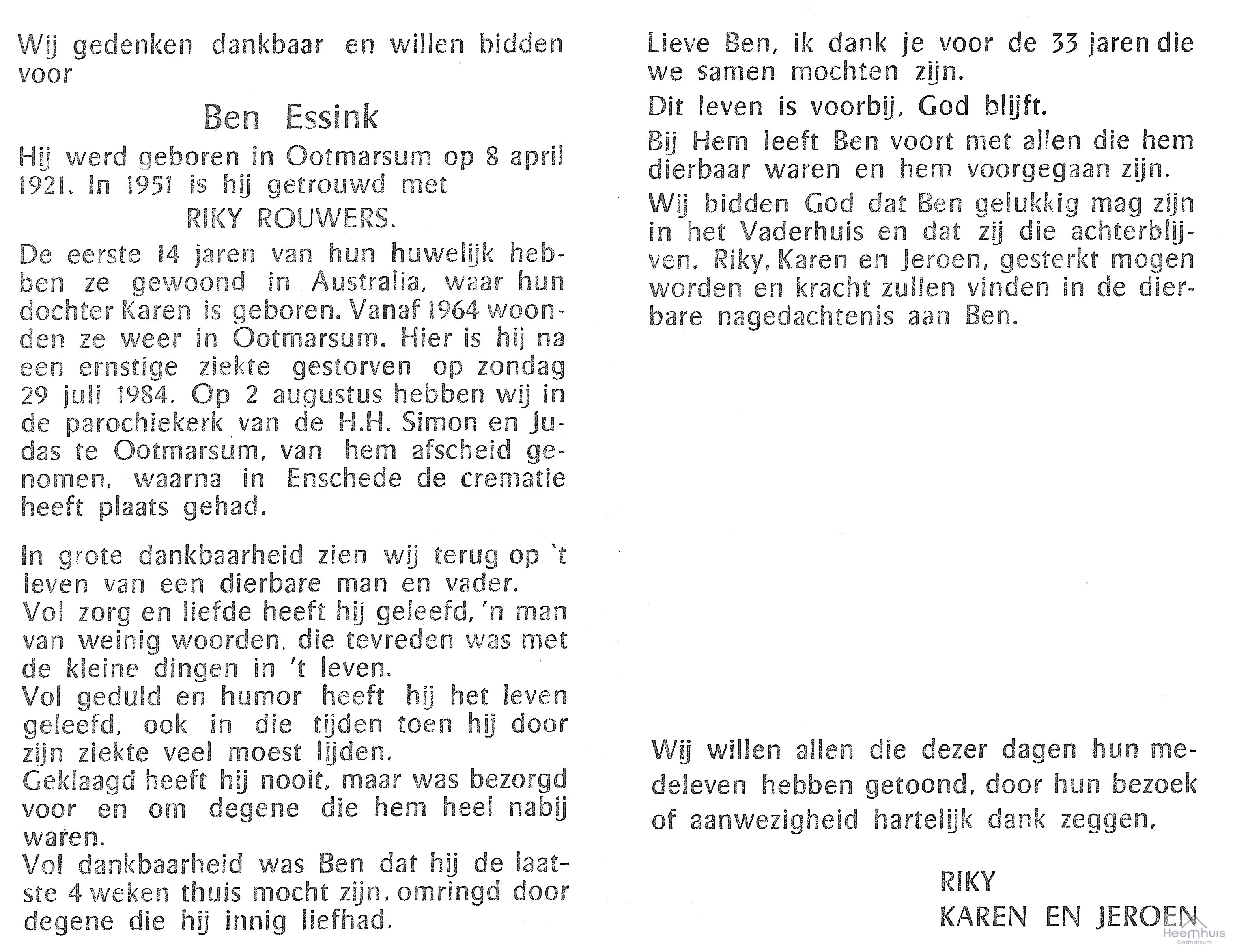 Bidprentje van Bernardus Wilhelmus Johannes Essink