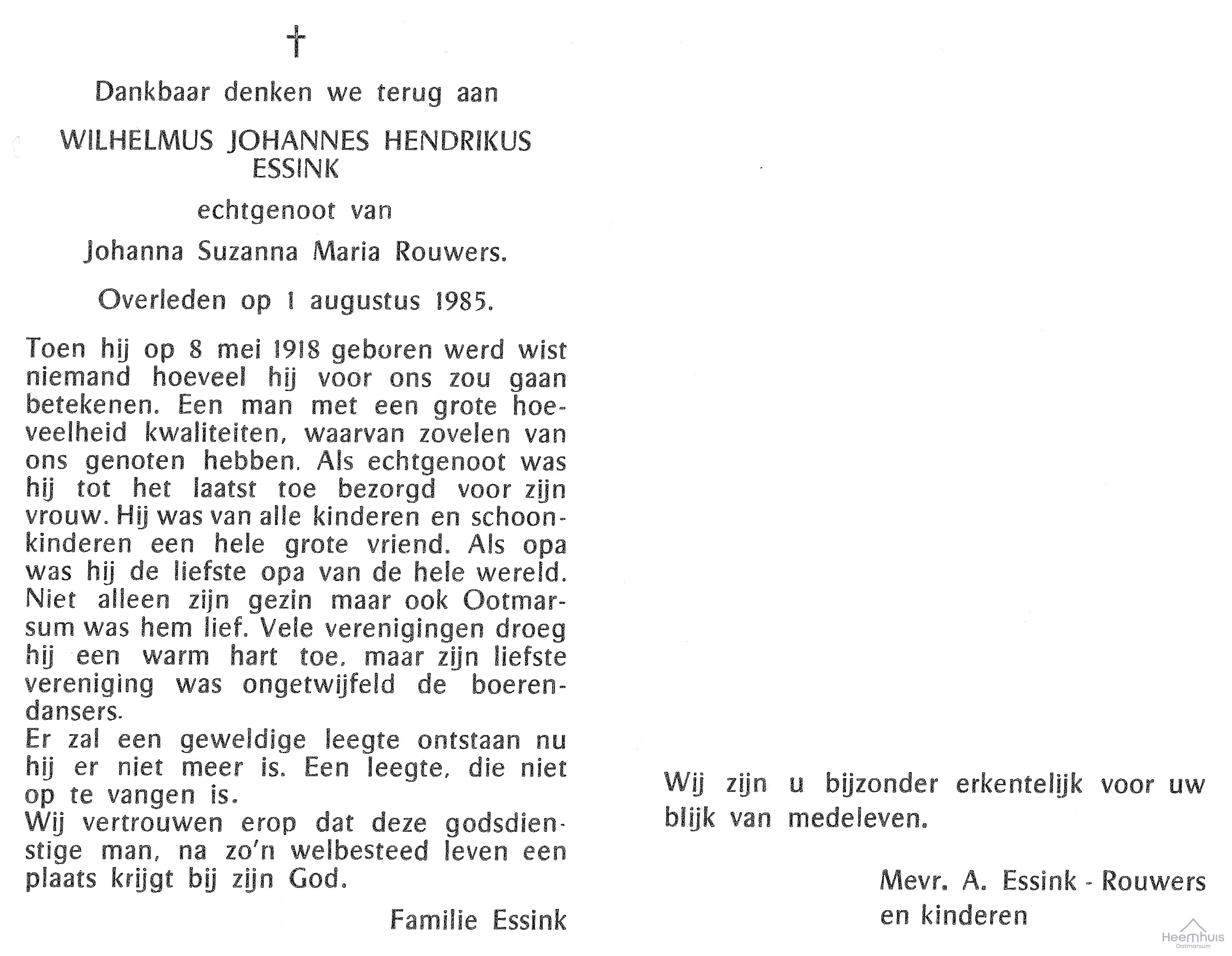 Bidprentje van Wilhelmus Johannes Hendrikus Essink