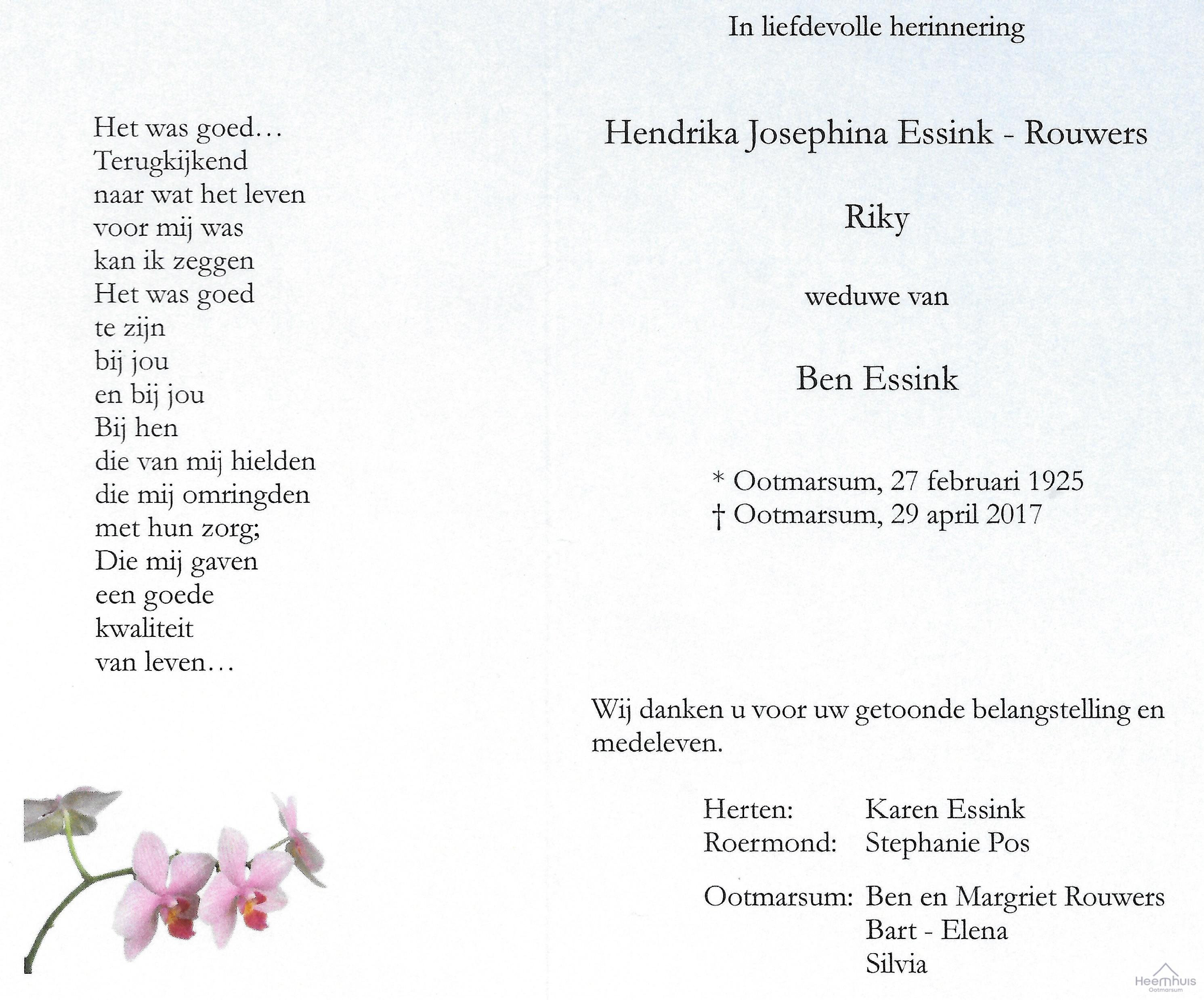 Bidprentje van Hendrika Josephina Rouwers