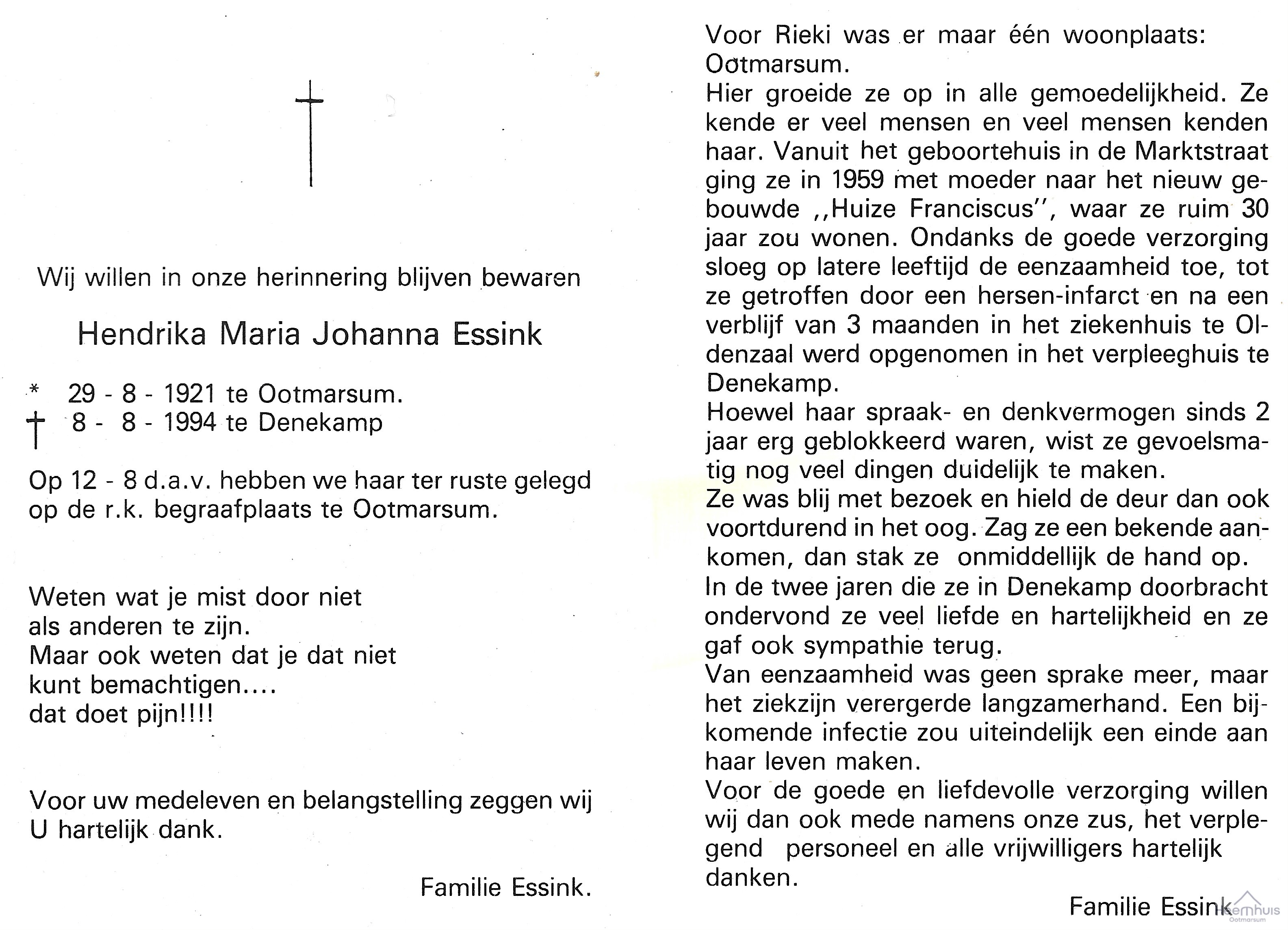 Bidprentje van Hendrika Maria Johanna Essink