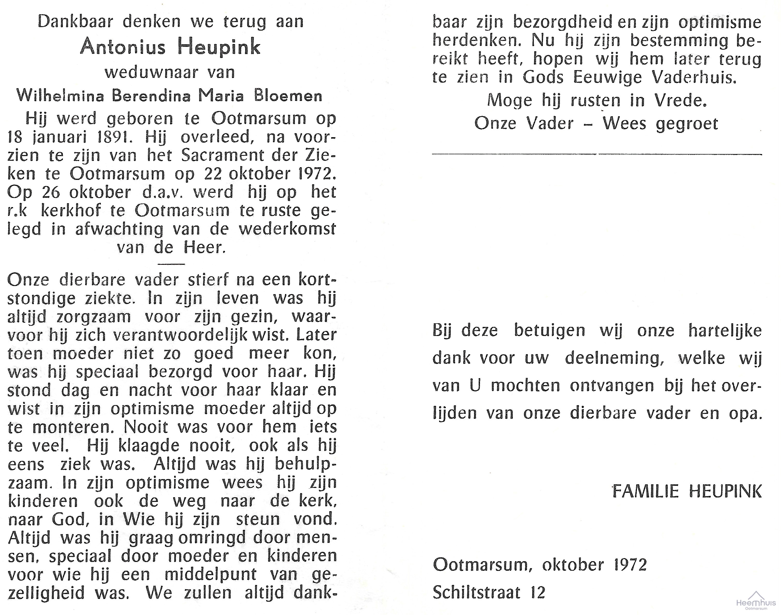 Bidprentje van Antonius Heupink