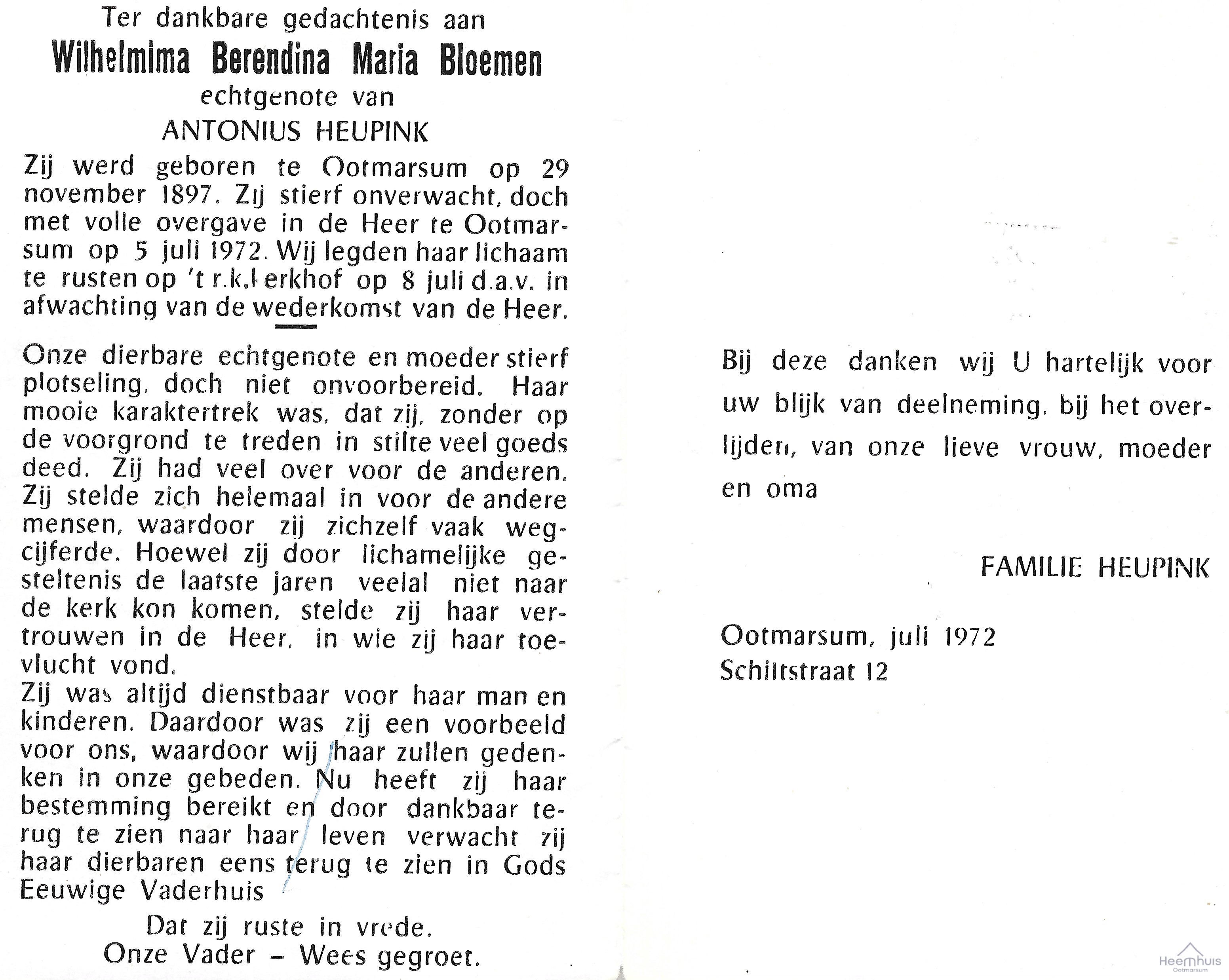 Bidprentje van Wilhelmina Berendina Maria Bloemen